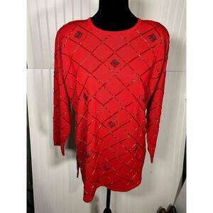 Vintage 90s Lise Claiborne, petite collection, Red Beaded Sweater Size LP